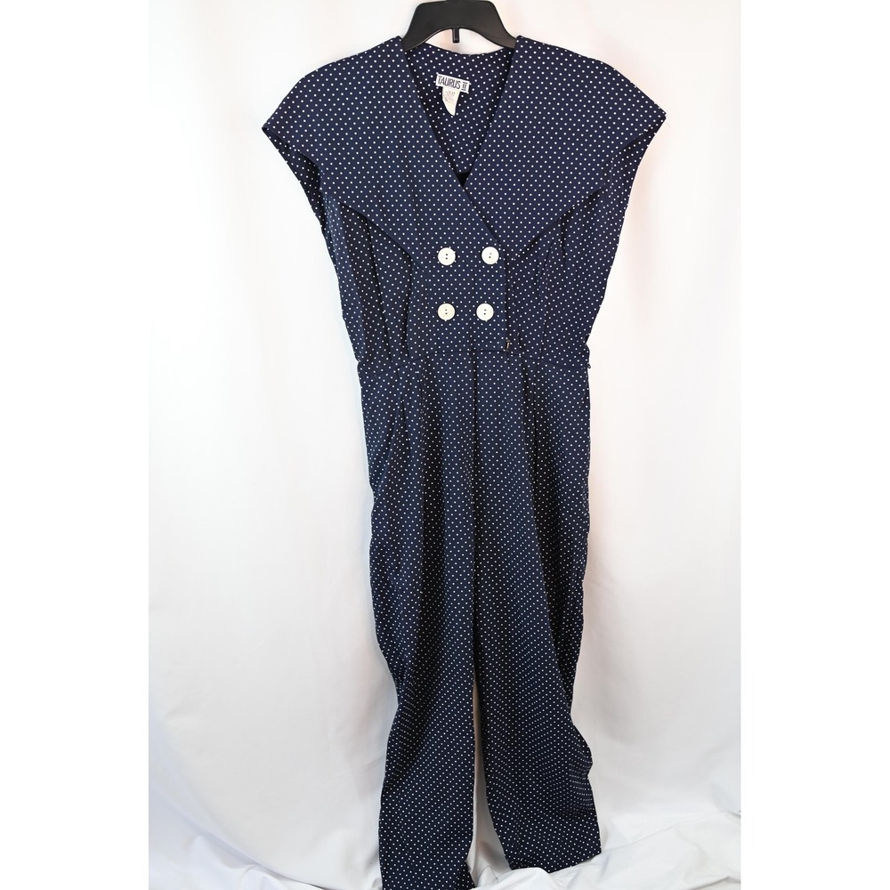 Vintage Taurus II Navy Polka Dot Jumpsuit 80s Union Made Short Sleeve Blue 14